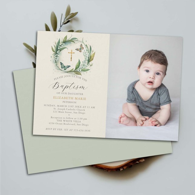 Invitation Papillons Lily Valley Floral Enfant Photo Baptême (photo baptism invitation christening name ceremony christian lily valley wreath butterflies elegant)