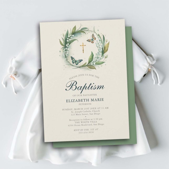 Invitation Papillons Lily Valley Gold Cross Girl Baptême (lily valley baptism christening invitation girl elegant floral frame wreath butterflies sweet classy)