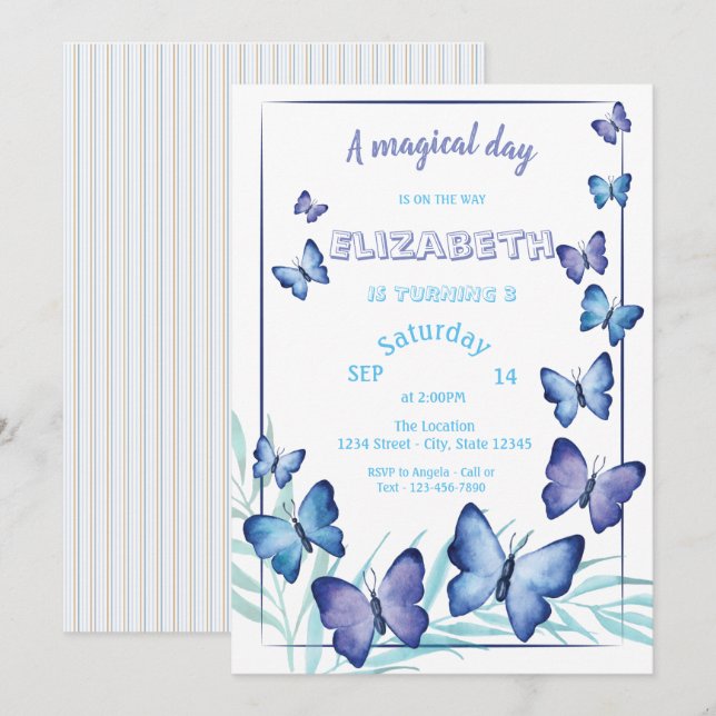 Invitation Papillons Mignons Magiques à Rayures Anniversaire (Devant / Derrière)