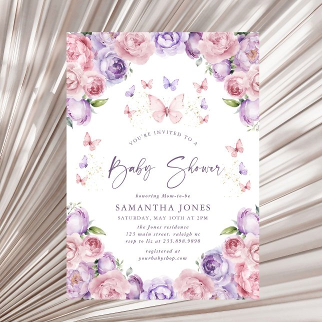 Invitation Papillons modernes Baby shower rose violet (Créateur téléchargé)