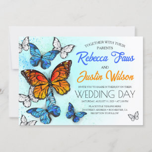 Invitation Papillons Morpho et Monarque bleus et orange