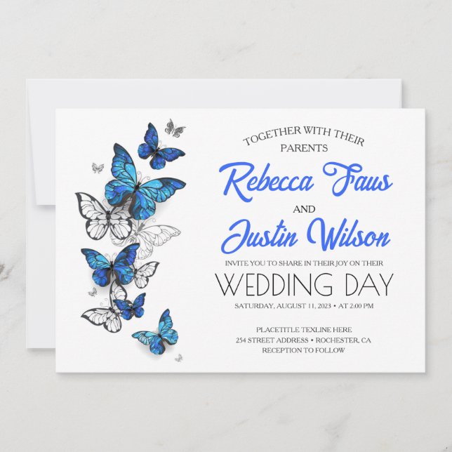 Invitation Papillons Morpho Monarch bleus et blancs (Devant)