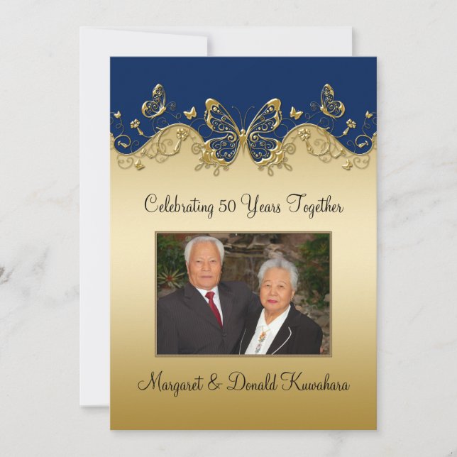 Invitation Papillons Navy et Or 50e Anniversaire Photo (Devant)