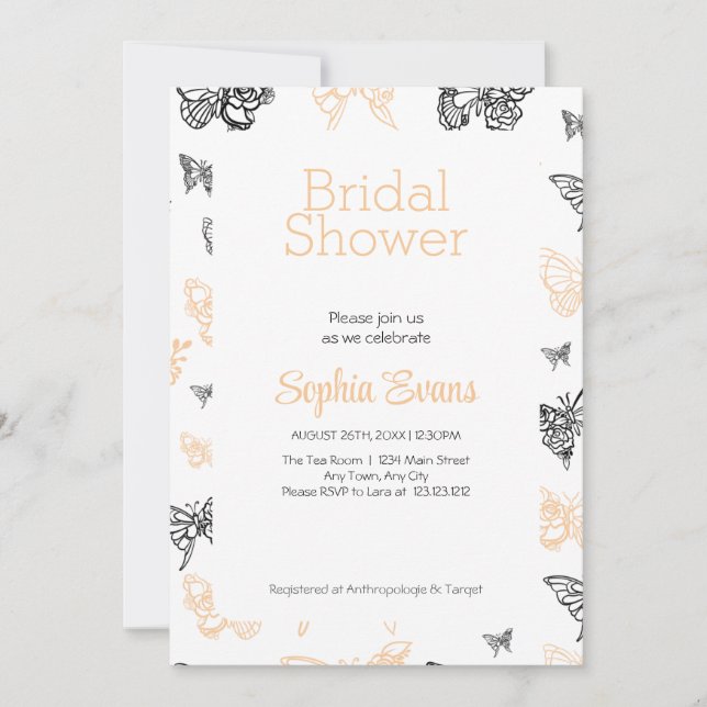 Invitation Papillons noirs et dorés Fête de mariage blanc (Devant)