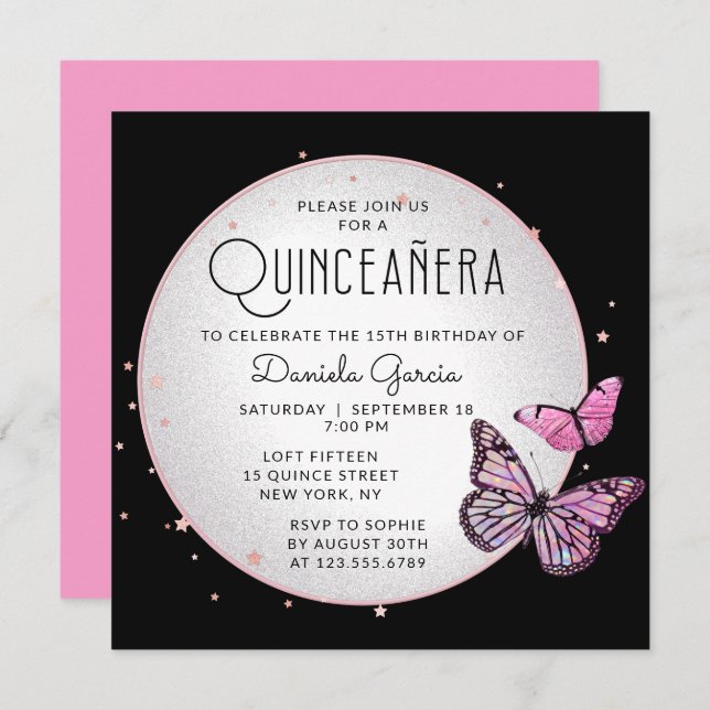 Invitation Papillons noirs roses Étoiles Moderne Quinceañera (Devant / Derrière)