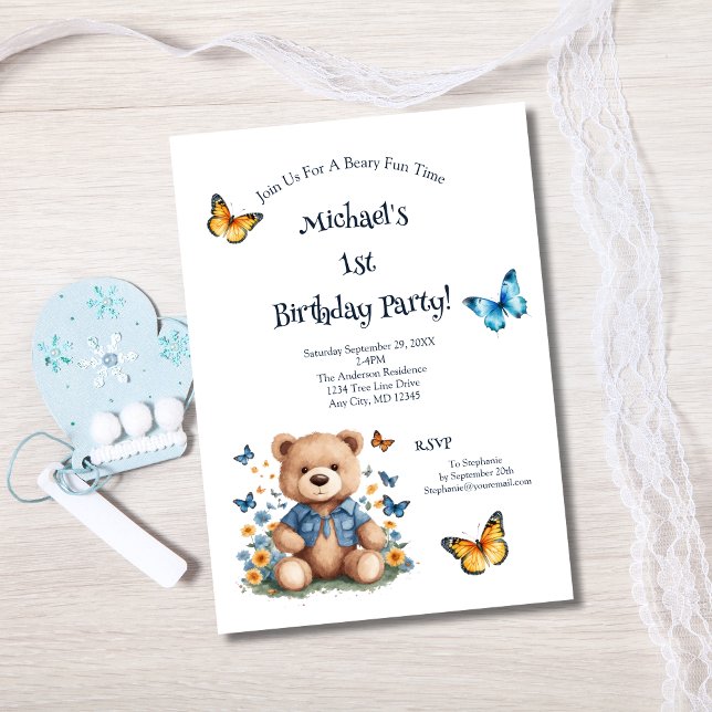 Invitation Papillons Ourson pour Bébé Garçon 1ère Fête d'Anni (Teddy Bear Butterflies 1st Birthday Invitation Baby Boy Printed or Instant digital download )