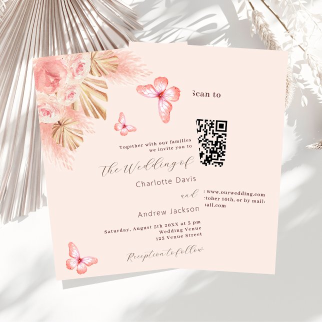 Invitation Papillons pampas herbe rose or QR RSVP mariage (Créateur téléchargé)