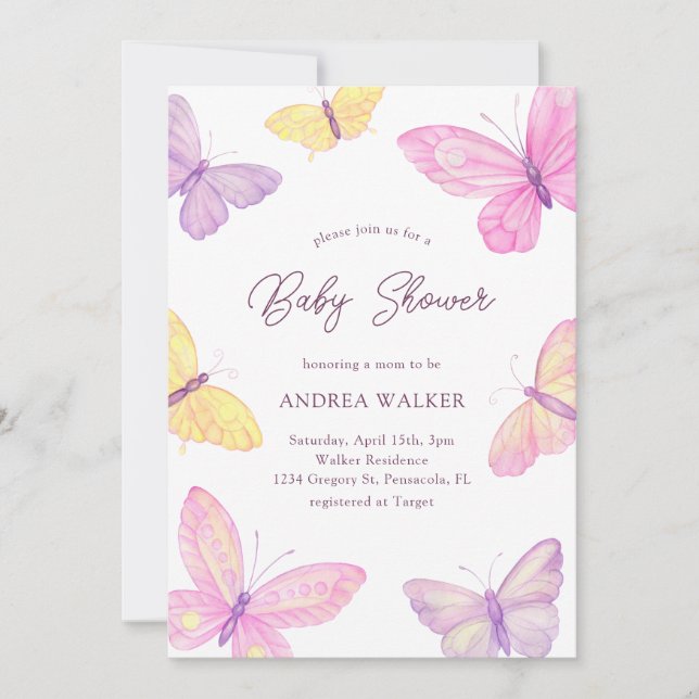 Invitation Papillons Pastel Rose violet Baby shower élégant (Devant)