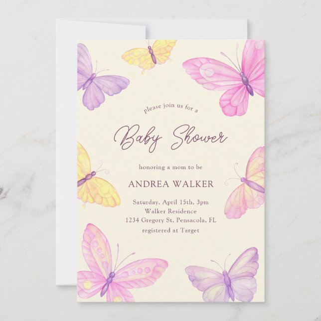 Invitation Papillons pastel rose violet Élégant Shower de béb (Devant)