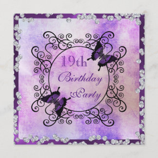 Invitation Papillons pourpres et diamants 19e anniversaire
