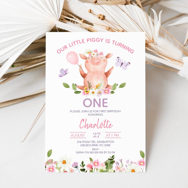 Invitation Papillons pourpres Notre Petit Piggy 1er Anniversa (Editable Pig Birthday Invitation, Little Piggy Birthday Invite, Floral Pig Birthday, Wildflowers)