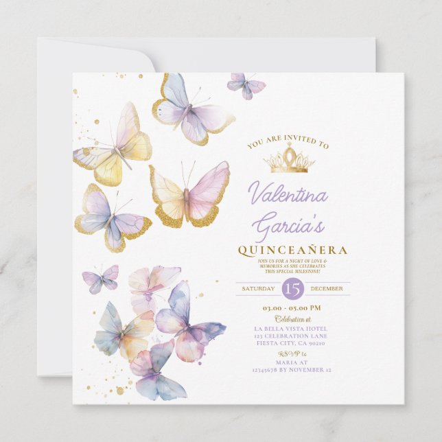 Invitation Papillons pourpres Quinceañera 15 Anos Gold Crown (Devant)