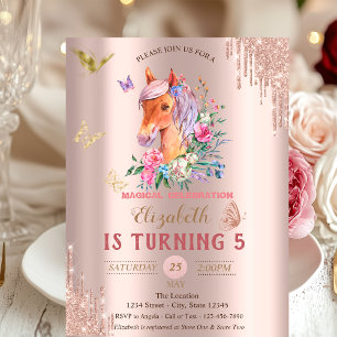 Invitation Papillons Pretty Pony Rose Gold Drips Anniversaire