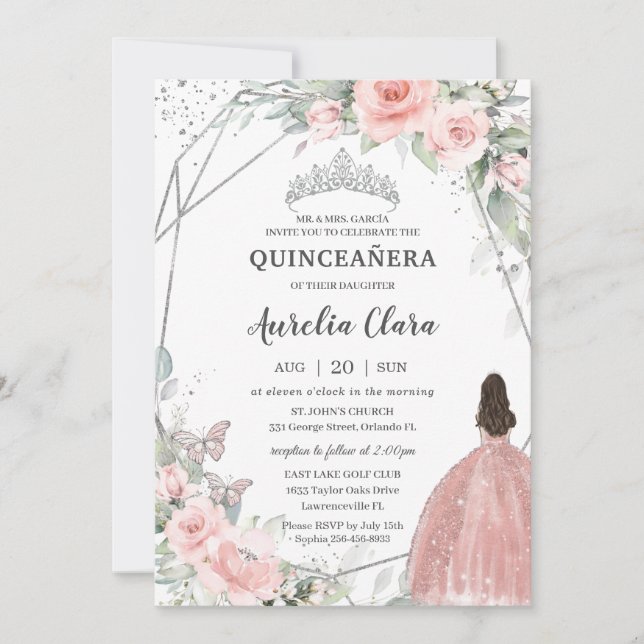 Invitation Papillons princes rose pâle Quinceañera (Devant)