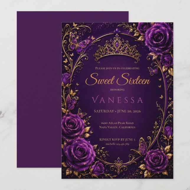 Invitation Papillons princesse violet 16 ans (Devant / Derrière)