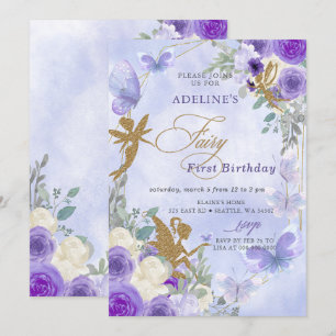 Invitation Papillons Purple Gold Fairy Premier anniversaire