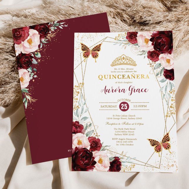Invitation Papillons Quinceañera Burgundy Blush Géométrique (Créateur téléchargé)