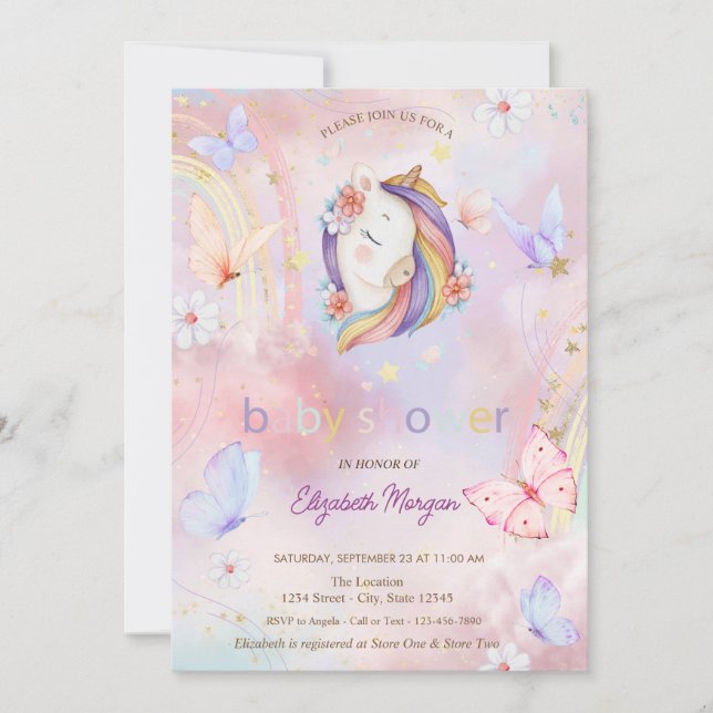 Invitation Papillons Rainbow Floral Baby shower Unicorn (Devant)