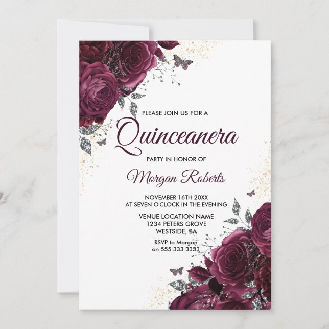 Invitation Papillons Rose de Bourgogne Quinceanera Party (Devant)