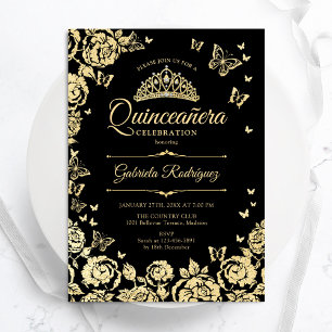 Invitation Papillons Rose d'or noir Quinceanera