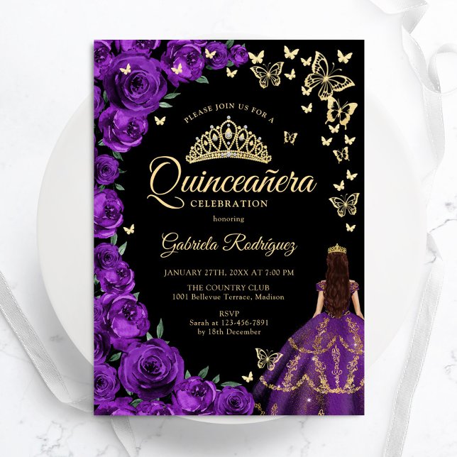 Invitation Papillons Rose d'or pourpre Quinceanera (Créateur téléchargé)
