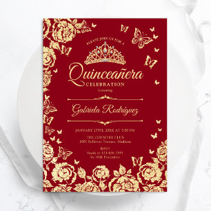 Invitation Papillons Rose d'or rouge Quinceanera