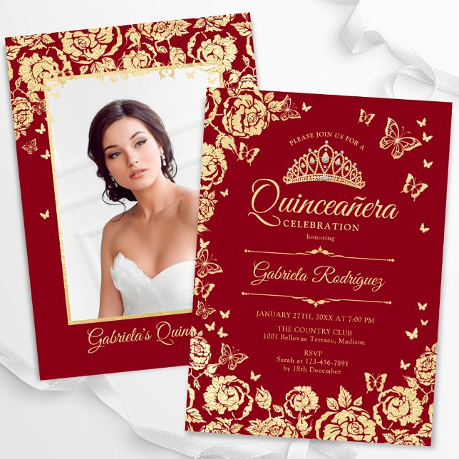 Invitation Papillons Rose d'or rouge Quinceanera Photo (Créateur téléchargé)