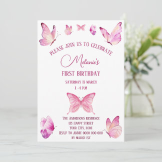 Invitation Papillons rose doux simple
