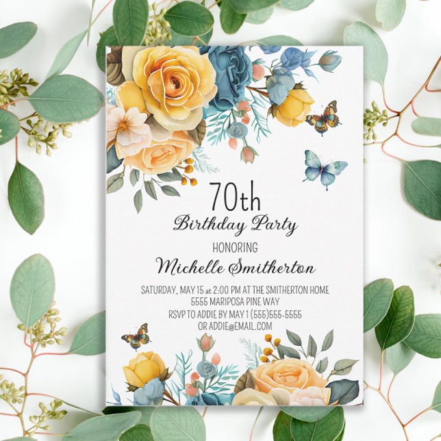 Invitation Papillons Rose Dusty Jaune 70e anniversaire (Mustard yellow and dusty blue watercolor floral and butterflies women's 70th birthday party invite)