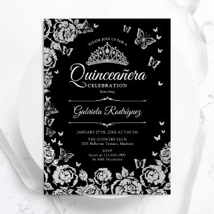 Invitation Papillons Rose en argent noir Quinceanera