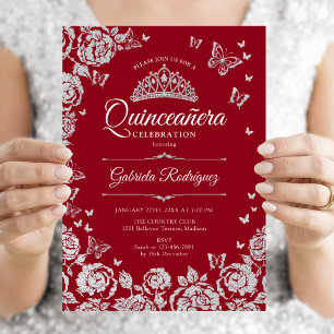 Invitation Papillons Rose en argent rouge Quinceanera