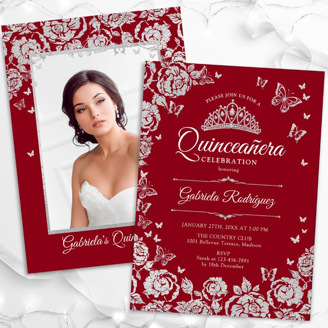 Invitation Papillons Rose en argent rouge Quinceanera Photo (Créateur téléchargé)