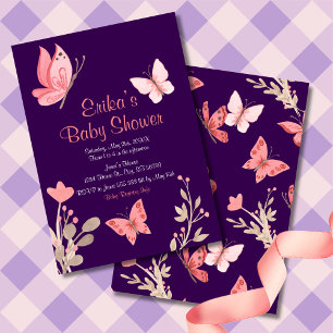 Invitation Papillons rose Floral Violet Baby shower