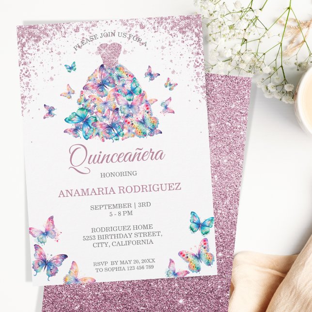 Invitation Papillons rose Gold Sparkling Gown Quinceanera (Créateur téléchargé)