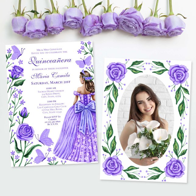 Invitation Papillons Rose Lilac Princesse Photo Quinceanera (Lilac Roses Butterflies Princess Photo Quinceanera Invitation)
