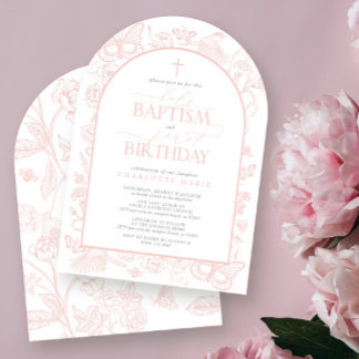 Invitation Papillons Rose Pâle Baptême & 1er Anniversaire