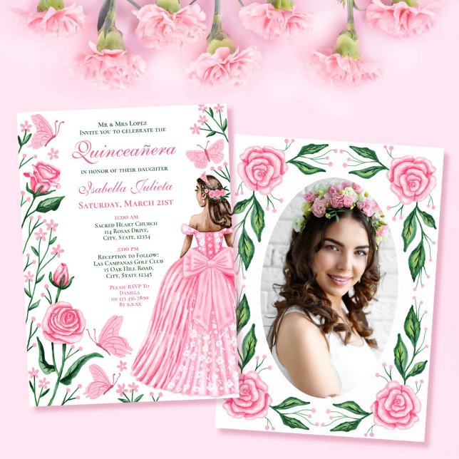 Invitation Papillons rose pâle Princesse Photo Quinceanera (Blush Pink Butterflies Princess Photo Quinceanera Invitation)