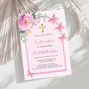Invitation Papillons rose rose arc floral Confirmation