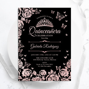 Invitation Papillons Rose Rose d'or noir Quinceanera