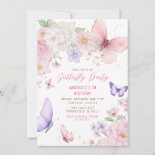 Invitation Papillons rose violet aquarelle 5ème anniversaire