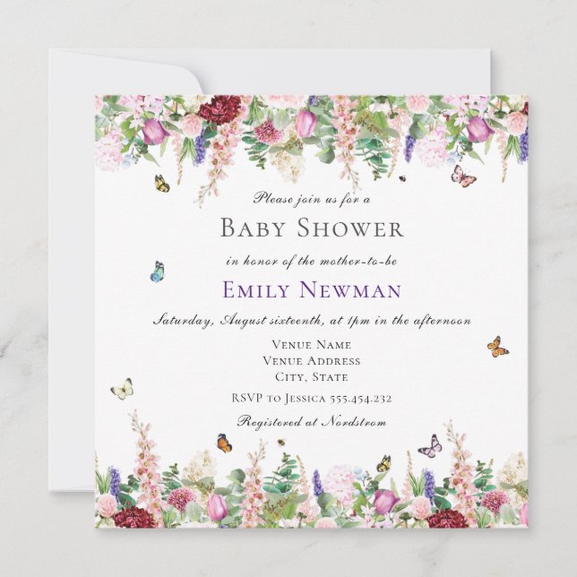 Invitation Papillons rose violet Carré Baby shower (Devant)