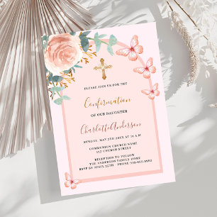 Invitation papillons roses arche fleurie luxe Confirmation