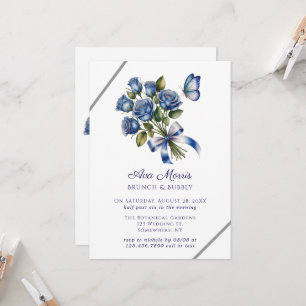 Invitation Papillons Roses Bleues Argent Brunch & Bubbly