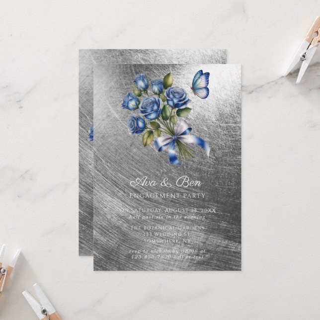 Invitation Papillons Roses Bleues Argent Fiançailles Party (Devant/Arrière en situation)