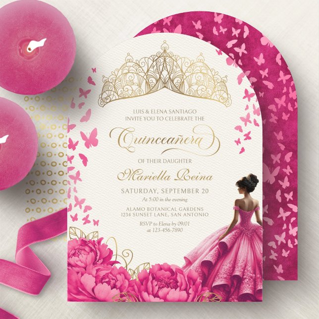 Invitation Papillons roses chauds Floral Tiara Quinceanera (Créateur téléchargé)