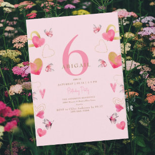 Invitation Papillons roses & Coeurs fête d'anniversaire