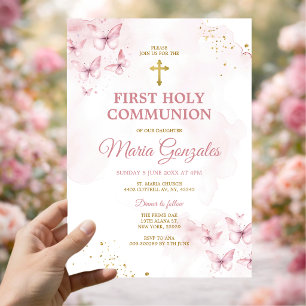 Invitation Papillons roses croix dorée première communion