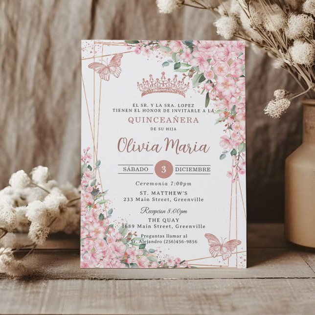 Invitation Papillons Roses en fleurs de cerisier Quinceañera (Créateur téléchargé)