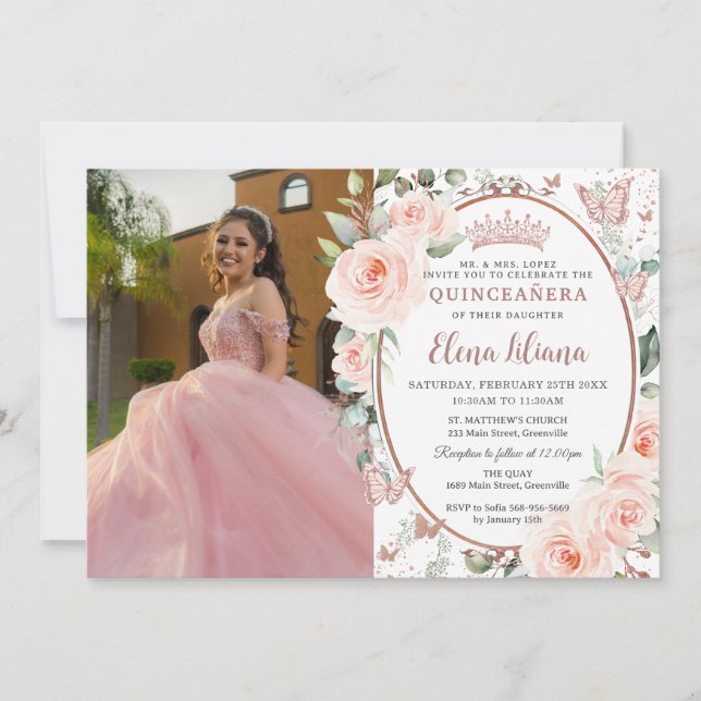 Invitation Papillons Roses en or Blush Quinceañera (Devant)