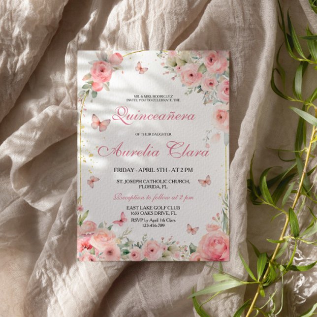 Invitation Papillons roses en or Quinceañera (Créateur téléchargé)